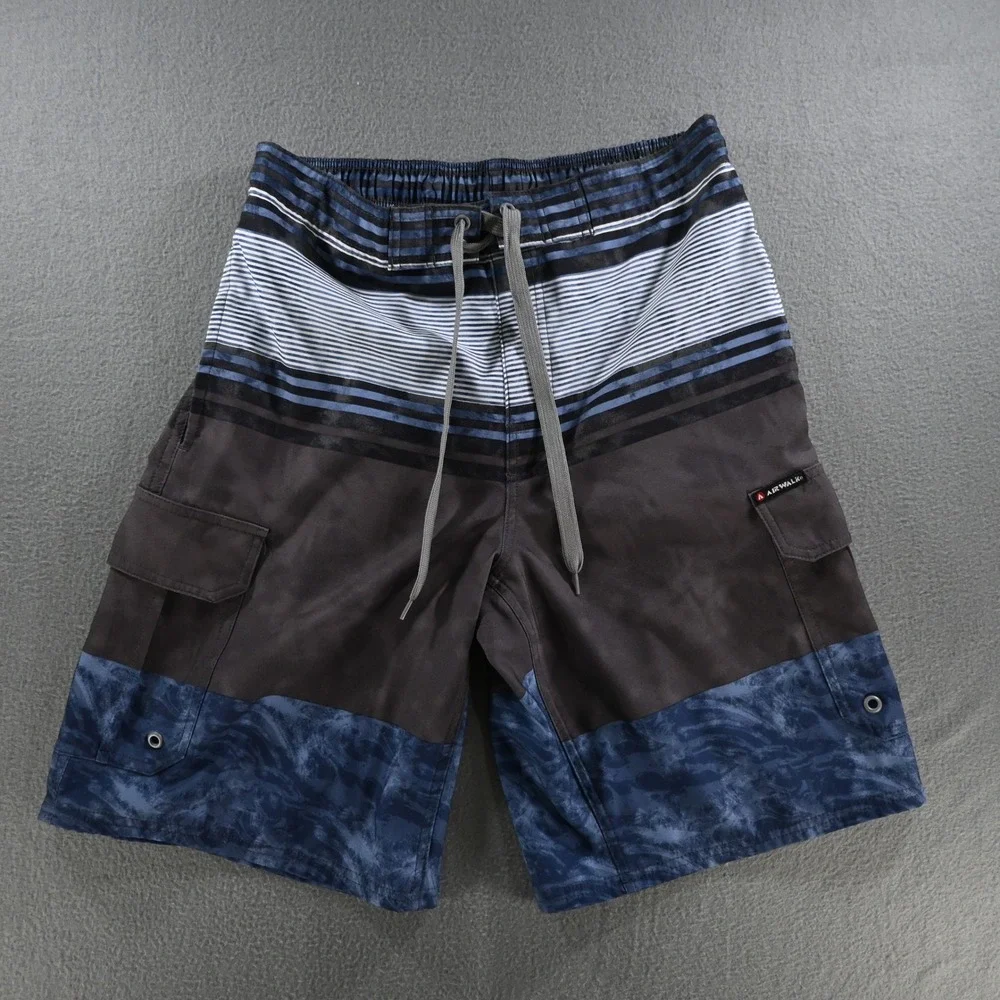 Airwalk Mens Cargo Board Shorts Medium Blue Gray Striped Marble Swim Trunks
